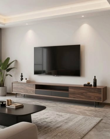 Modern Scandinavian TV wall unit with mounted flat-screen TV, soft warm lighting, and a minimalist d