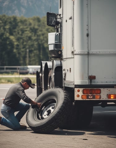 A mobile tire service van with red, white, and black branding parked outside a home.