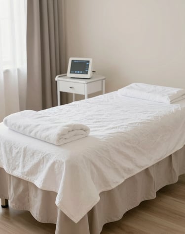 Bright, airy treatment room with soft pastel decor and a comfortable massage table.