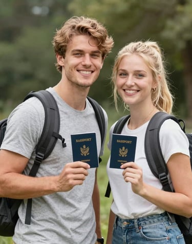 A cheerful team photo of the pasaportea staff surrounded by colorful balloons and travel brochures.