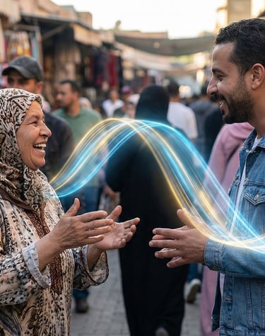 a man and woman standing in a crowded street