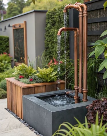 Modern copper pipe water feature flowing into a dark stone basin in a landscaped garden patio.
