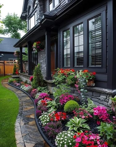 Modern black house exterior with a stone walkway and colorful flower garden landscaping.