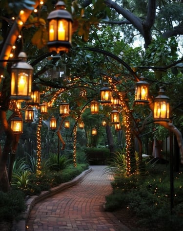 Brick garden pathway illuminated by hanging lanterns and fairy lights under a tree canopy at night.