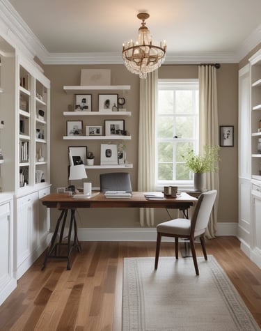Bright farmhouse office featuring clean lines, white cabinetry, and rustic accents.