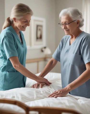 A ject health inc professional checking medical equipment with focused care in a patient room.