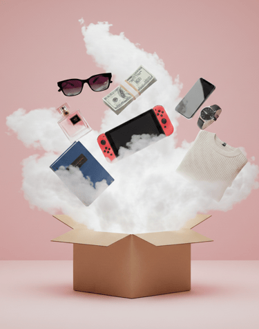 dėžė su iš jos skrendančiais įvairiais daiktais