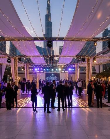 Elegant outdoor event in Dubai featuring a canopy with fairy lights and Burj Khalifa views.