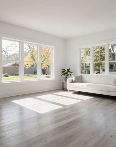 Freshly painted living room with crisp white walls and blueprint blue accents.