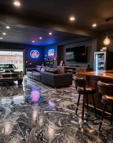 Close-up of a newly installed epoxy floor gleaming under soft lighting.