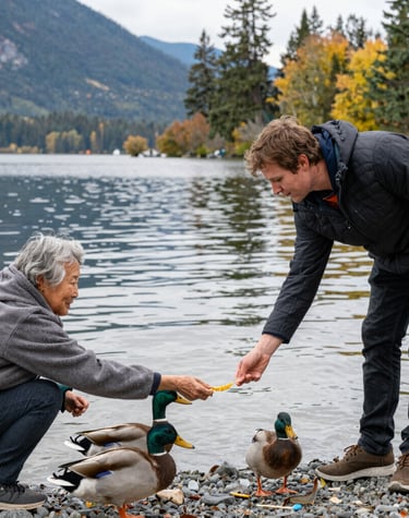 A registered social worker sharing a warm smile during a walk-and-talk session with an elderly woman in a leafy neighborhood.