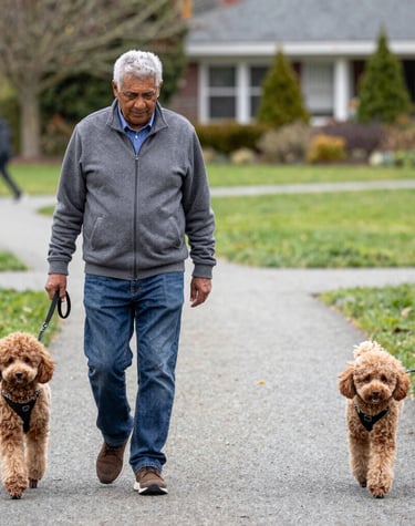 An elderly man walking two brown poodle dogs on leashes in a public park path.