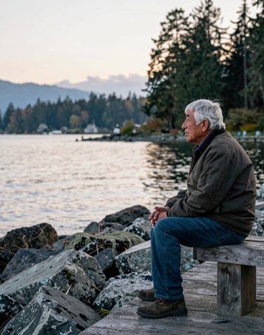 An in-home counseling visit showing a gentle conversation between an RSW and a senior man seated comfortably by a window.