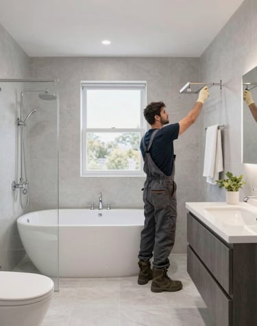 A cozy bathroom transformation with elegant tile work and soft blue lighting.