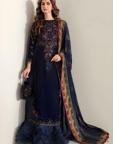 Elegant navy blue embroidered salwar kameez with floral patterns, ruffled trousers, and a sequined dupatta.