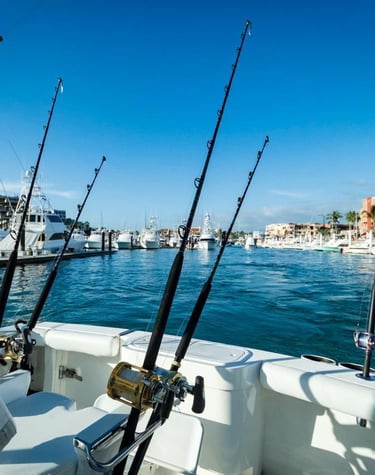 Fishing rods on a luxury yacht charter departing from a scenic tropical marina.