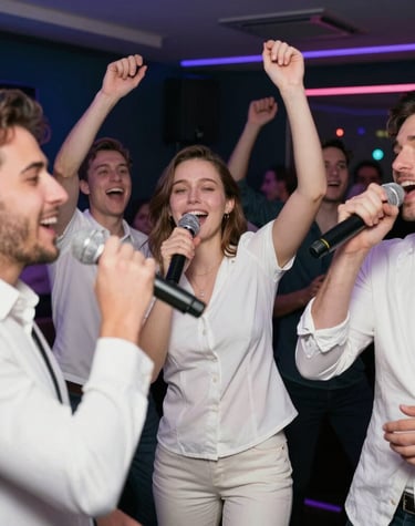 A vibrant bar scene with people dancing and singing mid-performance in Chicago's nightlife.