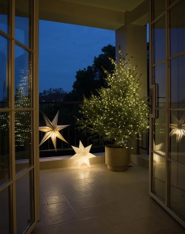 Warm balcony lighting with outdoor lanterns, compact furniture, and soft evening decor.