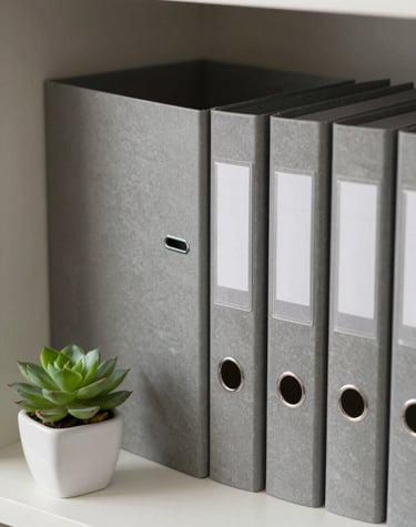 A close-up shot of professional, neatly labeled muted stone grey folders on a shelf. The lighting is soft and even, highlighting the clean organization. A small succulent in a white pot sits nearby on a soft off-white surface.