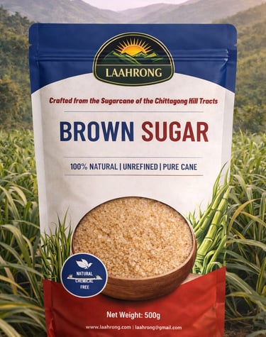 Natural sugarcane and brown sugar bowl placed in a lush green field with mountains in th