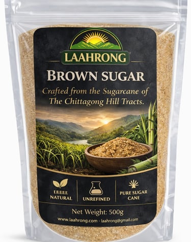  LAAHRONG brown sugar package displayed with a bowl of natural brown sugar and fresh suga