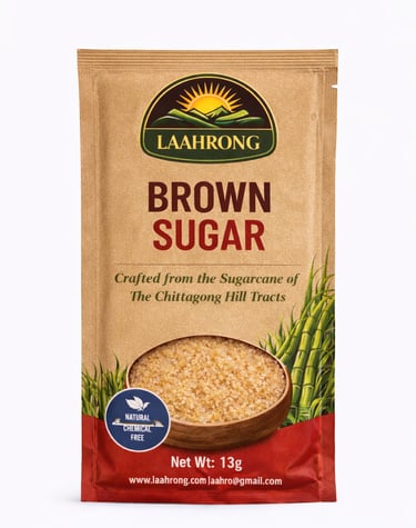 Packaged brown sugar product with sugarcane illustrations highlighting its natural, unrefined origin
