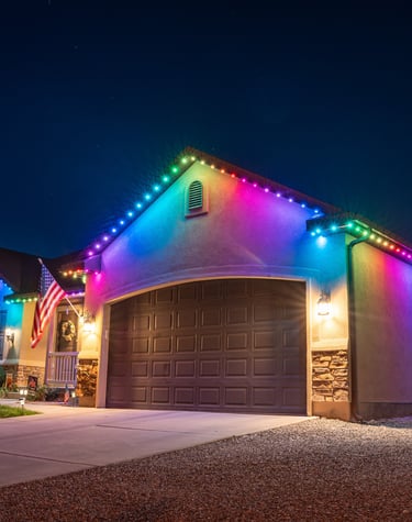 Rainbow colored lights shining at night