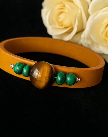 Bracelet  mixte en cuir et pierres naturelles œil du tigre et malachite