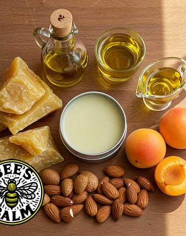 Tin of Unscented Bee's Balm surrounded by almond & apricot seeds & botanical oils & raw beeswax