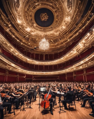 orchestra playing a concert in a large auditorium