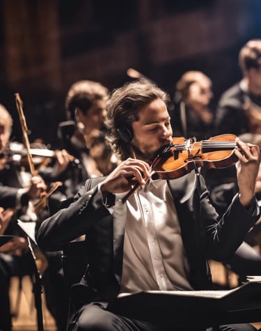 musician playing violin in an orchestra.