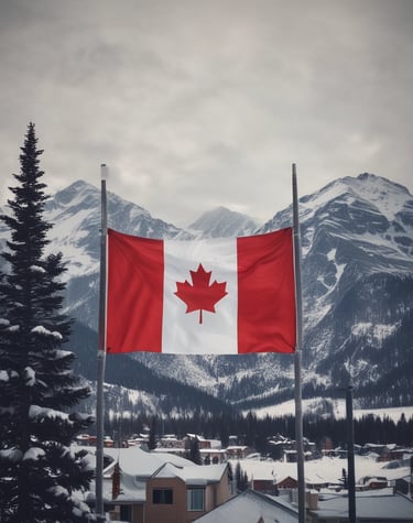 A Canadian flag is prominently displayed in the foreground, waving against a backdrop of snow-capped mountains. A serene body of water lies between the viewer and a forested area, leading into the majestic mountain range under a partly cloudy sky.