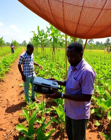 Farmers Using Technology, An image of farmers using smartphones or tablets in the field, analyzing