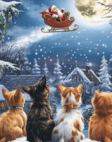 Four cats sit on snowy ground, gazing at Santa in a sleigh flying across a starry, moonlit sky. Cozy