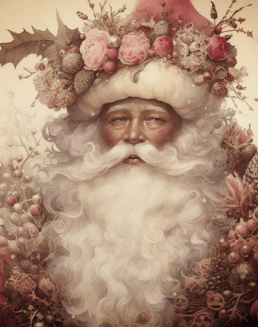 Illustration of Santa Claus with a rosy face, adorned in a floral crown with pink roses, berries, 
