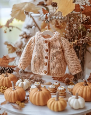 Cozy autumn scene featuring a beige knitted baby sweater on a hanger surrounded by small pumpkins,