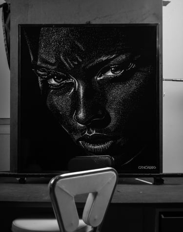 Intense Gaze one-of-one broken glass portrait on laminated glass