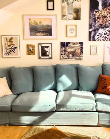 Comfortable sofa in bright living room of professional accommodation after work