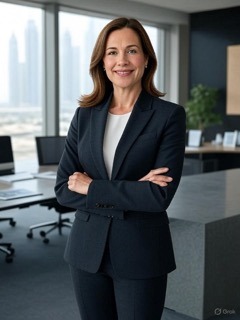 a woman in a business suit standing in front of a desk