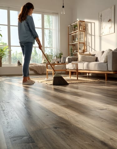 mom cleaning Luxury Vinyl plank flooring installed by Next Floor LLC in Katy