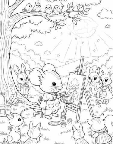 alt="Souris qui peint sur un chevalet en plein air avec un paysage derrière elle, dessin à colorier"
