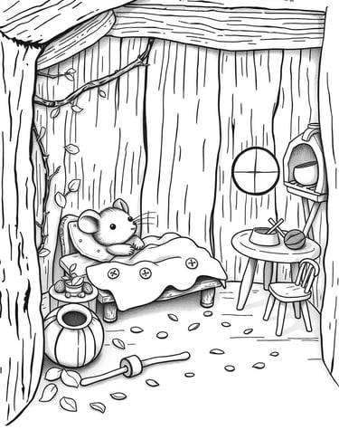 alt="Petite souris qui dort paisiblement dans son lit sous une couverture, illustration à colorier  