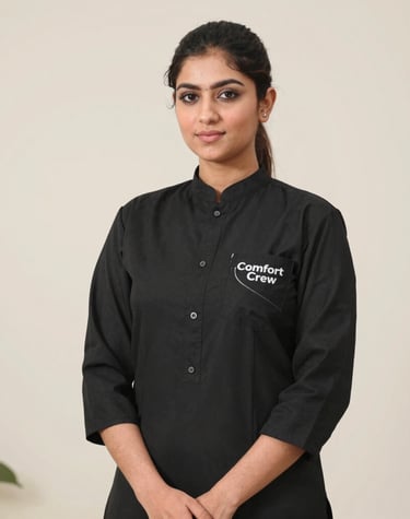 A professional female Comfort Crew staff member wearing a black uniform shirt standing indoors.