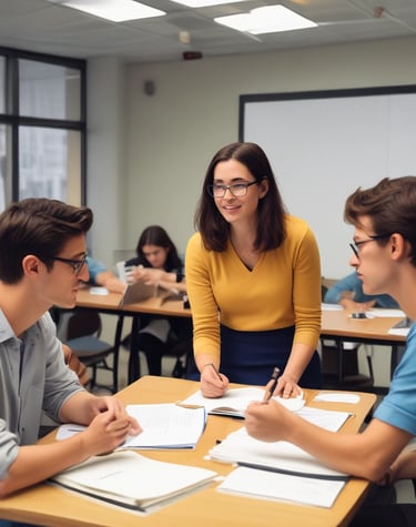 Two people are working in a lab environment, both wearing lab coats. One person is seated and pointing at a computer screen, while the other is standing, looking at the screens. Multiple computer monitors display complex data, possibly related to scientific or medical research.