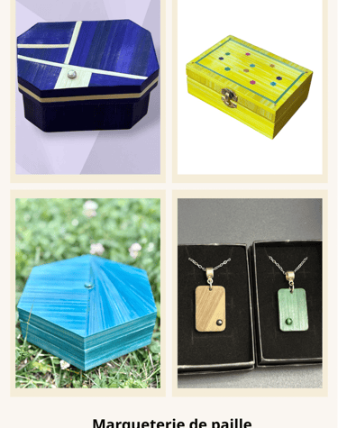 Bijoux et boites à bijoux en marqueterie de paille 