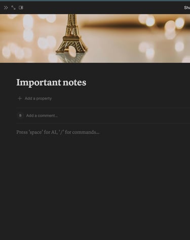Digital notebook interface showing an 'Important notes' page with a miniature Eiffel Tower header image.