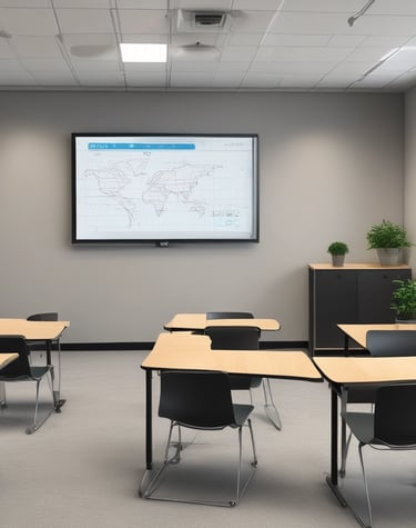 A modern classroom equipped with digital learning tools.