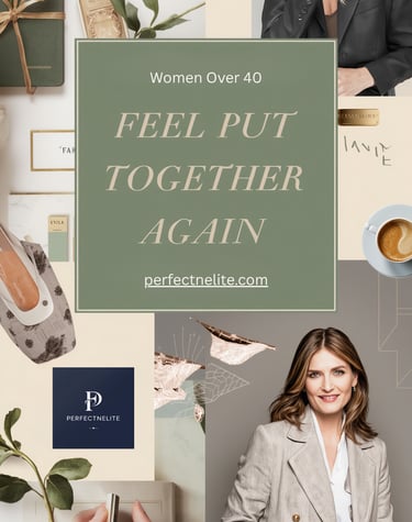 Lifestyle collage for women over 40 featuring fashion accessories and professional style tips.