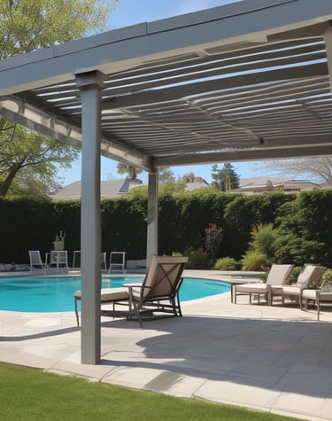 A wooden pergola structure with slatted overhead beams creating a pattern of light and shadows. Colorful fabric panels, in green, blue, and red, are stretched across parts of the pergola. Wicker cone-shaped light fixtures hang from the beams, and the sky is clear and bright blue in the background.