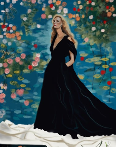 a woman in a black dress standing in front of a painting of a woman in